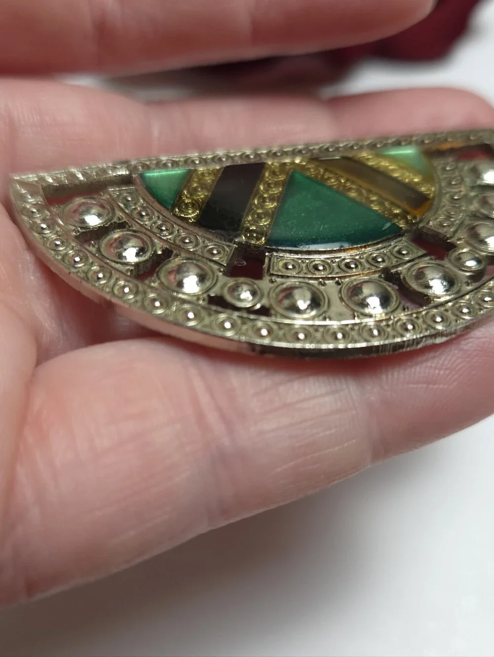 Vintage Pierre Bex Style Green & Black Enamel Silver  Half Circle Brooch